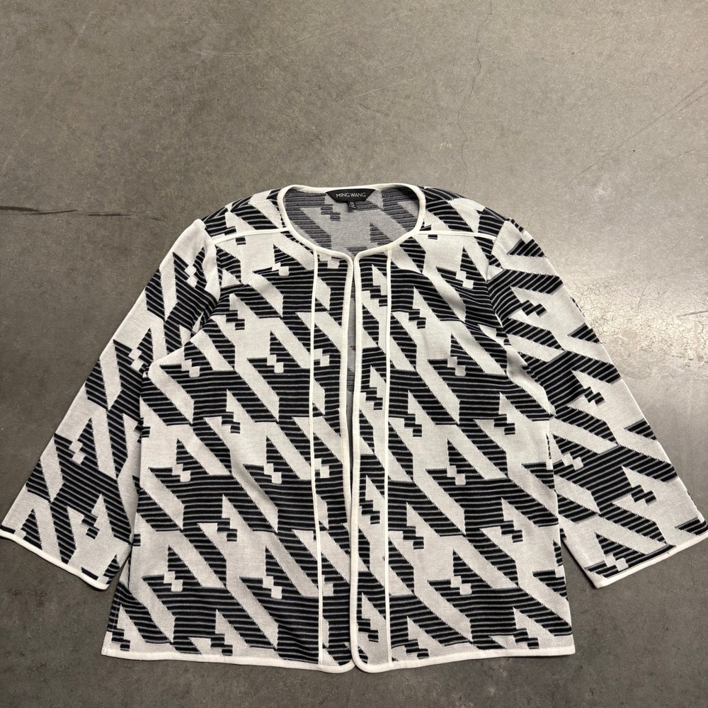 Ming Wang Black White Geometric Knit Open Front Cardigan Jacket 2X RN73924